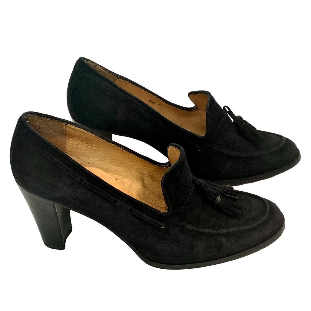 Vintage Black Kid Suede Tassel Pumps Block Heel | Handmade  6.5